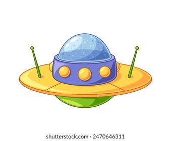 Vibrant Flying Ufo Saucer, Isolated Whimsical Alien Spaceship With Bright Colors, Antennae, Perfect For Science Fiction