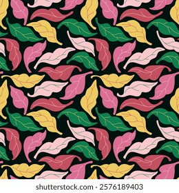 A vibrant foliage pattern with hand-drawn leaves in green, pink, yellow, and red tones, set on a dark background, evoking a playful and lively mood.