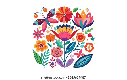 Vibrant folk art butterfly and flowers arrangement with white background