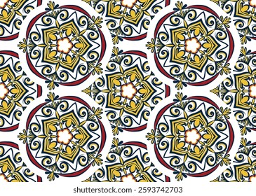 Vibrant folk art pattern. Hand-drawn floral motifs in yellow, blue, and red. Seamless ethnic design for textiles backgrounds.