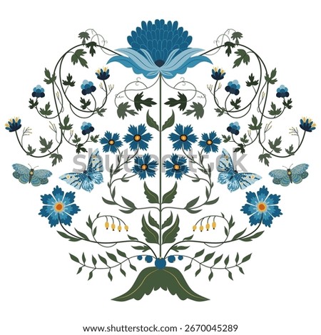 Vibrant folk floral composition highlighting autumn's rustic charm with butterflies and wildflowers