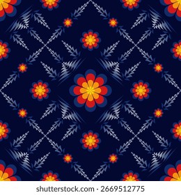 El vibrante patrón floral folclórico se combina con Formas geométricas simétricas sobre un fondo azul marino oscuro, creando una sensación bohemia.
