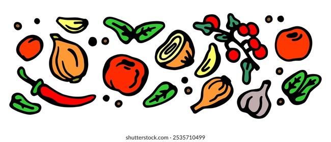 A vibrant food illustration featuring fresh vegetables, herbs, and spices, perfect for culinary-themed designs, kitchen decor, or organic food branding.