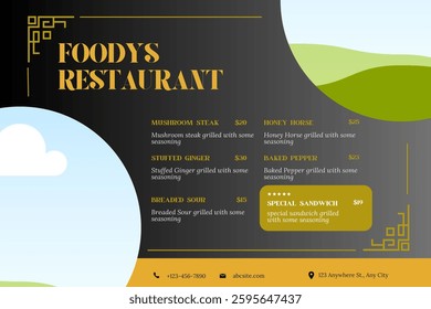 A vibrant food menu flyer template, perfect for restaurants, cafes, or food businesses. Featuring appetizing visuals, stylish typography, and customizable sections, it’s ideal for showcasing dishes