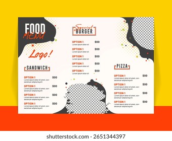 Vibrant food menu template; bold typography, abstract shapes, and playful color palette.  Ideal for restaurants and cafes. Clean, modern design for effective commercial use.