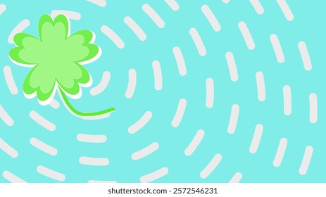 A vibrant four-leaf clover stands out against a bright blue background with a white dotted pattern. The clover's green leaves are detailed and realistic, while the background creates a cheerful 