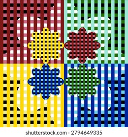 A vibrant, four-quadrant abstract geometric pattern featuring stylized flower shapes overlaid on a colorful gingham check grid. Ideal for textile designs, backgrounds, wrapping paper, and creative digital art backgrounds.