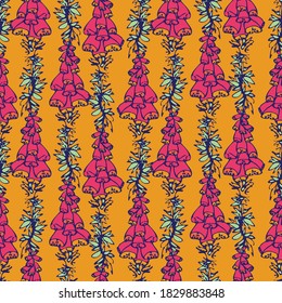 Vibrant foxgloves flowers seamless vector pattern. Bright surface print design for fabrics, stationery, scrapbook paper, gift wrap, textiles, and packaging.