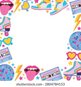 Vibrant frame with 90s and 80s retro elements. Border of roller skates, sneakers, cassette tapes, disco balls, heart-shaped sunglasses, open mouths with tongues out, lightning bolts and stars.