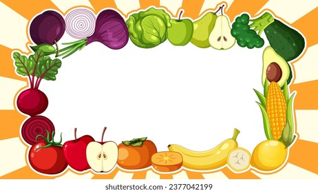 A vibrant frame border made of fruits and vegetables on a yellow retro background