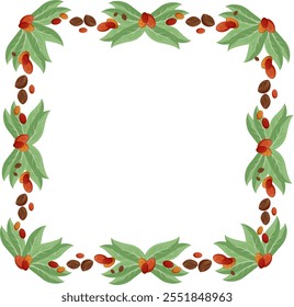  Un marco vibrante con hojas verdes, granos de café y bayas rojas. Perfecto para diseños de temática navideña o otoñal, tarjetas de felicitación, invitaciones o publicaciones en redes sociales.