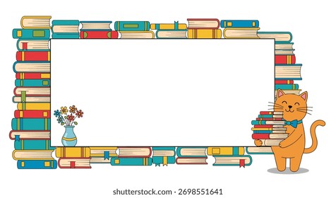 A vibrant frame of stacked books surrounds a blank space, featuring an orange cat holding books and a small vase of colorful flowers.