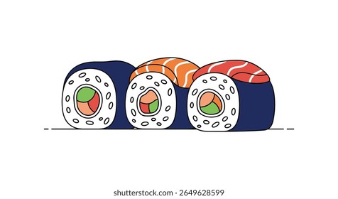 Vibrant fresh sushi rolls assortment featuring raw fish and rice wrapped in seaweed delicious japanese cuisine concept illustration