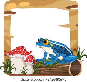 A vibrant frog sitting beside red mushrooms.