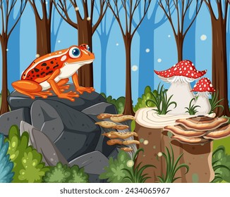 Vibrant frog sitting on rocks with mushrooms
