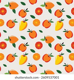 Vibrant Fruit and Botanical Leaves Seamless Pattern on Grey Backdrop