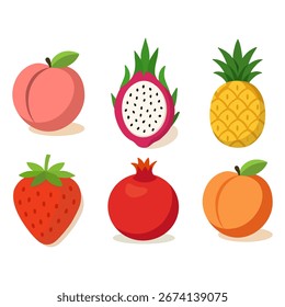 A vibrant fruit collection including peaches, apricots, strawberries, and pineapples, perfect for healthy lifestyle, tropical, and summer designs