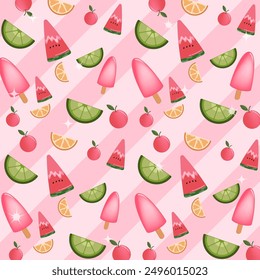 Patrón vibrante de la fruta y del helado en un fondo rosa brillante
