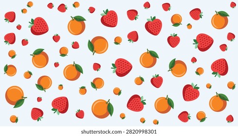 Vibrant fruit pattern featuring red strawberries and orange citrus on a white backdrop ideal for food, health, and summer themed projects