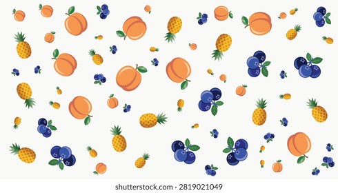 Vibrant fruit pattern with pineapples peaches and blueberries on a white background perfect for health food branding and summer themed designs