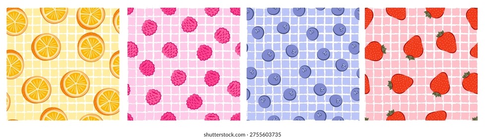 Vibrant fruit patterns featuring oranges, raspberries, blueberries, and strawberries against pastel backgrounds. Ideal for textiles and decor.