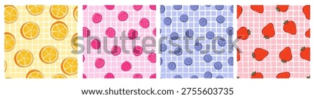 Vibrant fruit patterns featuring oranges, raspberries, blueberries, and strawberries against pastel backgrounds. Ideal for textiles and decor.