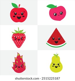 Vibrant fruit stickers featuring playful and colorful designs of various fruits. Perfect for decor, scrapbooking, educational projects, and fun illustrations. Includes vector art for easy use."