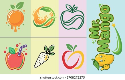 Vibrant Fruit and Vegetable Logo Collection Stylized. Juice Icons and Mascot Character. vibrant fruit logo. Organic branding icons.