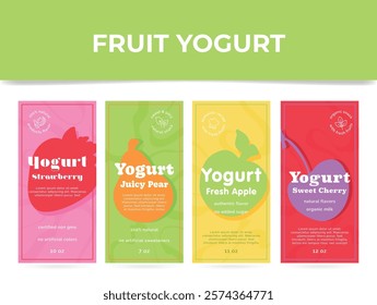 Vibrant fruit yogurt labels showcase flavors like strawberry, juicy pear, fresh apple, and cherry. Each label highlights natural ingredients and enticing visuals.