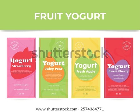 Vibrant fruit yogurt labels showcase flavors like strawberry, juicy pear, fresh apple, and cherry. Each label highlights natural ingredients and enticing visuals.