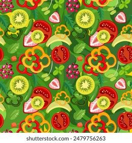 Vibrant fruits and vegetables in a seamless pattern