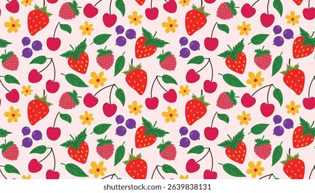 Vibrant fruity pattern with cartoon strawberries, raspberries, blueberries, cherries, flowers and green leaves scattered randomly. Cheerful seamless design perfect for summer-themed projects.