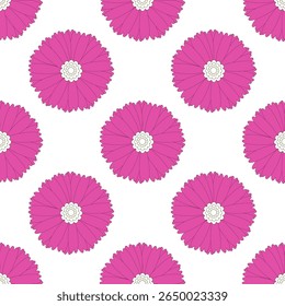 Vibrant fuchsia pink gerbera flower pattern. Seamless, modern, on soft white. Perfect for textiles, fashion, home decor, and graphic design projects.