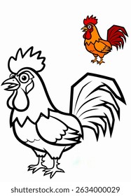 A vibrant, fully colored cartoon rooster stands alongside a black and white outline version, perfect for a coloring page.