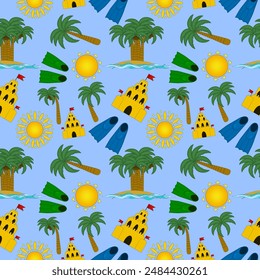 A vibrant and fun seamless pattern featuring summer elements like palm trees, suns, sandcastles, and flippers. Perfect for summer-themed projects.