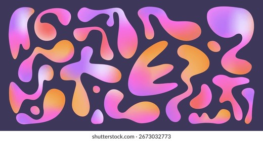 Vibrant funky blobs with liquid gradient shape designs, flowing forms and smooth transitions for modern graphics. Organic curves bright colors blend for dynamic backgrounds or creative elements.