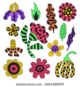 Vibrant Funky Flowers Set. Bright Psychedelic blossom leaf collection. Modern cartoon colorful nature elements with striped spotted wavy curvy textures. Vector illustration
