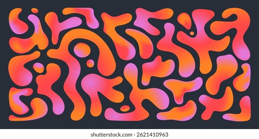 Vibrant funky liquid shapes with colorful gradients - pink, orange and red bubbly blobs squiggling on black bg. Psychedelic curvy amoeba forms, quirky decorative trendy elements for groovy design.