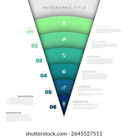 A vibrant funnel infographic template features six distinct colored levels, each with an icon and placeholder text. Versatile funnel infographic for presentations, showing steps, or data visualization