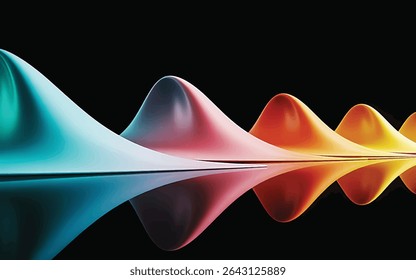 A vibrant and futuristic abstract illustration of 3D wave peaks in smooth gradient colors, reflecting light on a dark background. Perfect for tech, music, and design themes.