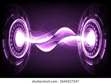 A vibrant futuristic background featuring glowing purple circular interfaces connected by a flowing energy wave. 