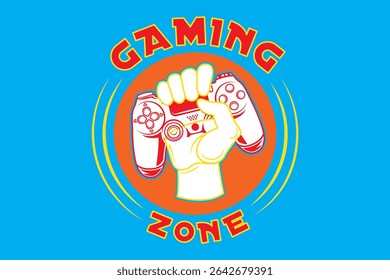 Vibrant gaming logo with "Gaming Zone" red text, white hand holding a red-outlined controller on orange circle and blue background. Perfect for esports or streaming.