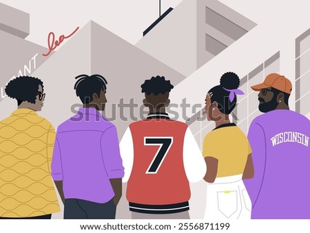Vibrant gathering of an African community group stands together, showcasing diversity and connection in a lively urban environment, promoting community spirit and cultural pride