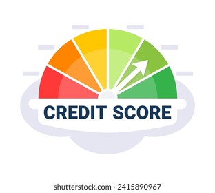 Vibrant gauge showing credit score status with arrow pointing towards green for good credit on a white background