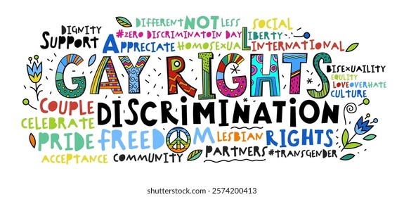 Vibrant Gay Rights word cloud with colorful typography, rainbow elements, and inclusive messages. Promotes diversity, equality, love. Editable vector. Pride events and awareness campaigns poster 