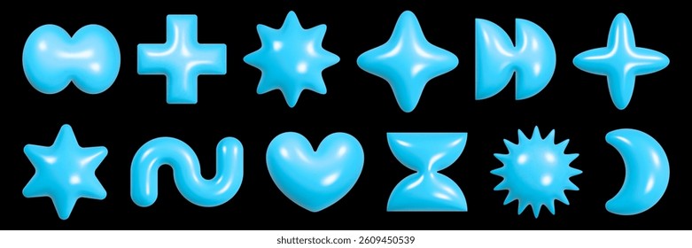 Vibrant geometric 3D figures featuring a shiny plastic texture and reflective fiber in a modern artistic display inspired by futuristic y2k design.