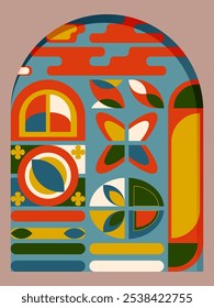 A vibrant geometric abstract art piece with circles, semi-circles, leaves, and butterfly motifs in bold colors like red, yellow, green, and blue, forming an arch shape