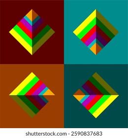 A vibrant geometric abstract artwork featuring four colorful diamond-shaped patterns on contrasting backgrounds, creating a striking and dynamic visual effect.