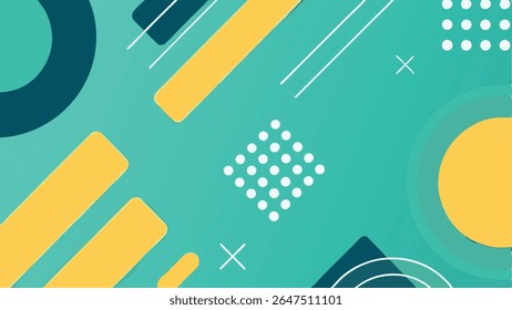 Vibrant geometric abstract background with colorful shapes, lines, and dots in a modern, Memphis-style design. Perfect for digital art and presentations.