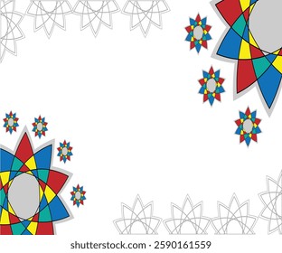 A vibrant geometric abstract background featuring an intricate Islamic floral pattern with bold red, blue, yellow, and green colors, perfect for decorative and artistic use.